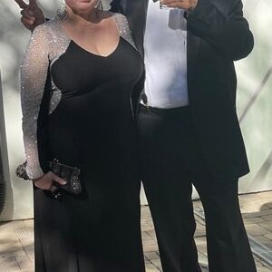 Xscape Black Dress with Silver Sleeves Embellished Colorblocked Gown